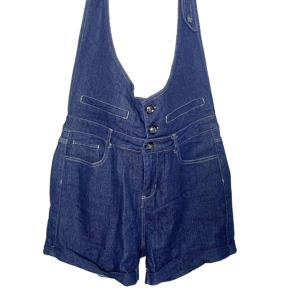 Ko Ko Ailis Open Back Romper Womens 14 Denim Halter Stretch Cuffed Blue